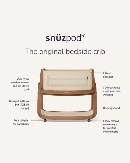 SnuzPod5 Co-Sleeping Bedside Crib With Rocking Stand-Zip-Down Mesh Wall-Lift-Off Bassinet & Breathable 3D Mattress-For 6 Months (Upto 9 kg)-Walnut