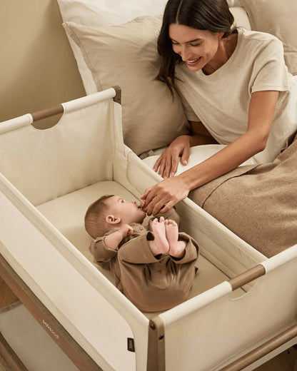 SnuzPod5 Co-Sleeping Bedside Crib With Rocking Stand-Zip-Down Mesh Wall-Lift-Off Bassinet & Breathable 3D Mattress-For 6 Months (Upto 9 kg)-Walnut
