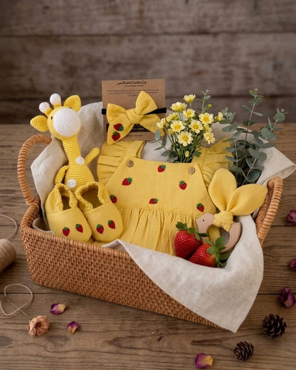 PureCloth Girl Gift Hamper with Cotton Romper and Toy-Newborn Essential Gift Set For Baby Shower-Pack of 5-Yellow