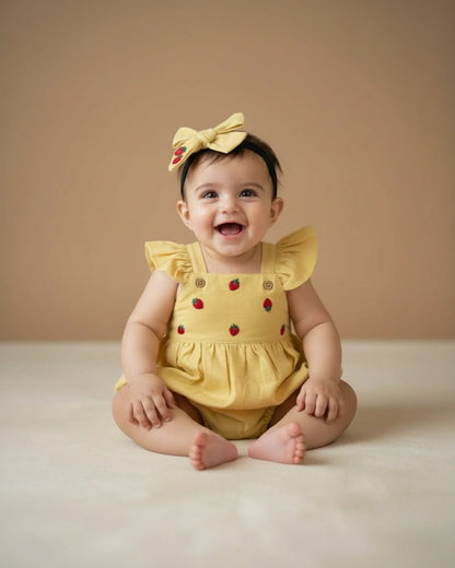 PureCloth Girl Gift Hamper with Cotton Romper and Toy-Newborn Essential Gift Set For Baby Shower-Pack of 5-Yellow