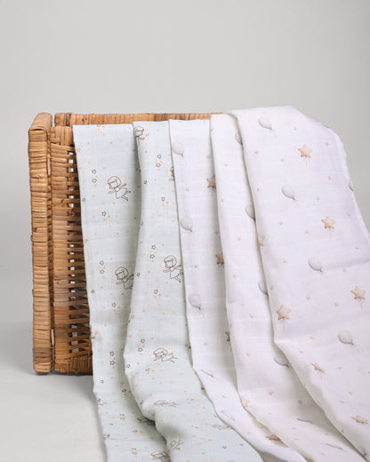 Twingle 100% Organic Muslin Swaddles-Bigger than Standard Swaddles-Supports Natural Airflow-Soft Gentle Edges-Fairy Dream & Starry Balloon Print-White & Blue-Pack of 2-Infant Wraps