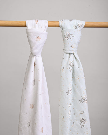 Twingle 100% Organic Muslin Swaddles-Bigger than Standard Swaddles-Supports Natural Airflow-Soft Gentle Edges-Fairy Dream & Starry Balloon Print-White & Blue-Pack of 2-Infant Wraps