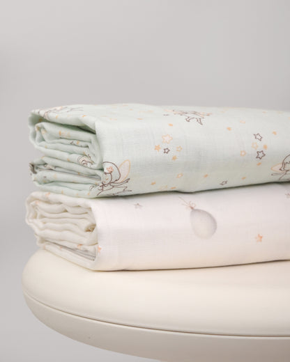 Twingle 100% Organic Muslin Swaddles-Bigger than Standard Swaddles-Supports Natural Airflow-Soft Gentle Edges-Fairy Dream & Starry Balloon Print-White & Blue-Pack of 2-Infant Wraps