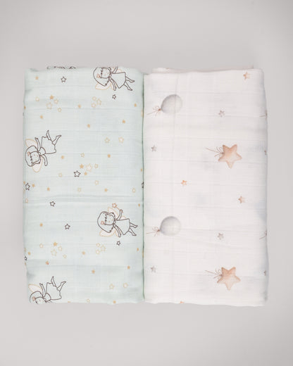 Twingle 100% Organic Muslin Swaddles-Bigger than Standard Swaddles-Supports Natural Airflow-Soft Gentle Edges-Fairy Dream & Starry Balloon Print-White & Blue-Pack of 2-Infant Wraps