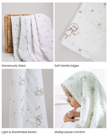 Twingle 100% Organic Muslin Swaddles-Bigger than Standard Swaddles-Supports Natural Airflow-Soft Gentle Edges-Fairy Dream & Starry Balloon Print-White & Blue-Pack of 2-Infant Wraps