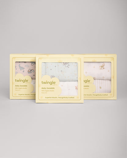 Twingle 100% Organic Muslin Swaddles-Bigger than Standard Swaddles-Supports Natural Airflow-Soft Gentle Edges-Fairy Dream & Starry Balloon Print-White & Blue-Pack of 2-Infant Wraps