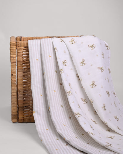 Twingle 100% Organic Muslin Swaddles-Bigger than Standard Swaddles-Supports Natural Airflow-Soft Gentle Edges-Riding Horse & Autumn Vibes Print-White-Pack of 2-Infant Wraps