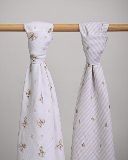 Twingle 100% Organic Muslin Swaddles-Bigger than Standard Swaddles-Supports Natural Airflow-Soft Gentle Edges-Riding Horse & Autumn Vibes Print-White-Pack of 2-Infant Wraps