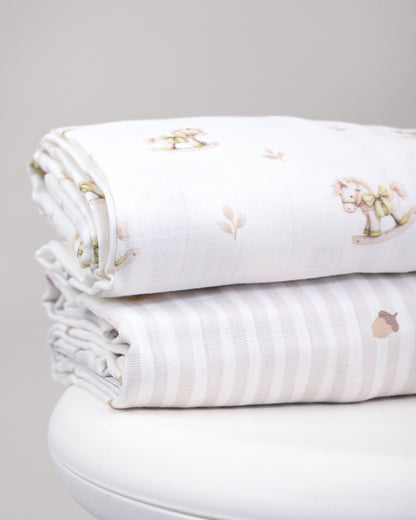 Twingle 100% Organic Muslin Swaddles-Bigger than Standard Swaddles-Supports Natural Airflow-Soft Gentle Edges-Riding Horse & Autumn Vibes Print-White-Pack of 2-Infant Wraps