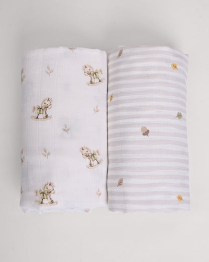 Twingle 100% Organic Muslin Swaddles-Bigger than Standard Swaddles-Supports Natural Airflow-Soft Gentle Edges-Riding Horse & Autumn Vibes Print-White-Pack of 2-Infant Wraps