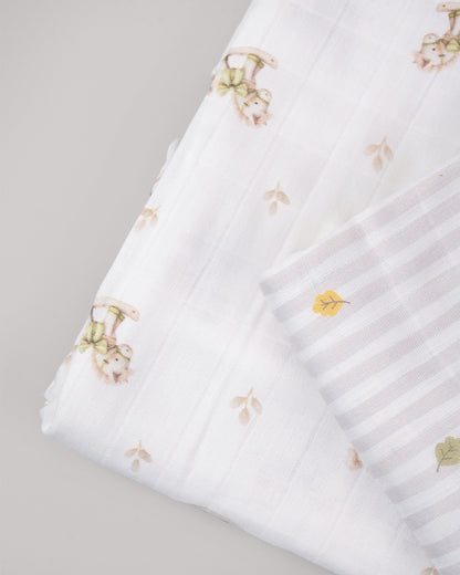 Twingle 100% Organic Muslin Swaddles-Bigger than Standard Swaddles-Supports Natural Airflow-Soft Gentle Edges-Riding Horse & Autumn Vibes Print-White-Pack of 2-Infant Wraps