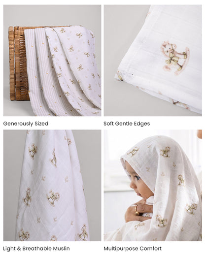 Twingle 100% Organic Muslin Swaddles-Bigger than Standard Swaddles-Supports Natural Airflow-Soft Gentle Edges-Riding Horse & Autumn Vibes Print-White-Pack of 2-Infant Wraps