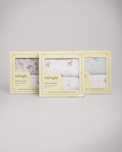 Twingle 100% Organic Muslin Swaddles-Bigger than Standard Swaddles-Supports Natural Airflow-Soft Gentle Edges-Riding Horse & Autumn Vibes Print-White-Pack of 2-Infant Wraps