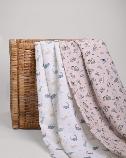 Twingle 100% Organic Muslin Swaddles-Bigger than Standard Swaddles-Supports Natural Airflow-Soft Gentle Edges-Farm Life & Dino Print-Off White-Pack of 2-Infant Wraps