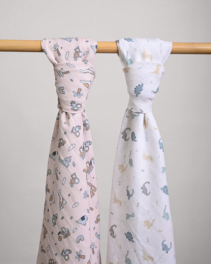 Twingle 100% Organic Muslin Swaddles-Bigger than Standard Swaddles-Supports Natural Airflow-Soft Gentle Edges-Farm Life & Dino Print-Off White-Pack of 2-Infant Wraps