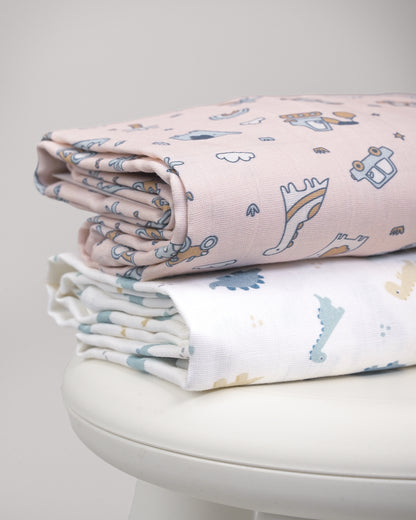 Twingle 100% Organic Muslin Swaddles-Bigger than Standard Swaddles-Supports Natural Airflow-Soft Gentle Edges-Farm Life & Dino Print-Off White-Pack of 2-Infant Wraps