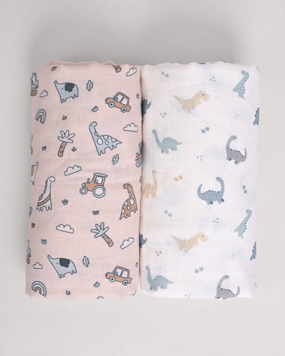 Twingle 100% Organic Muslin Swaddles-Bigger than Standard Swaddles-Supports Natural Airflow-Soft Gentle Edges-Farm Life & Dino Print-Off White-Pack of 2-Infant Wraps