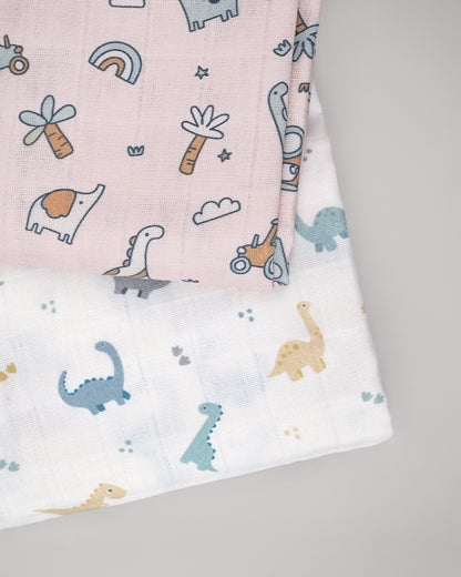 Twingle 100% Organic Muslin Swaddles-Bigger than Standard Swaddles-Supports Natural Airflow-Soft Gentle Edges-Farm Life & Dino Print-Off White-Pack of 2-Infant Wraps