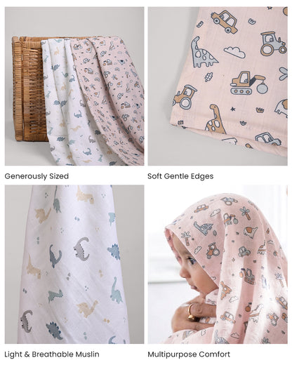 Twingle 100% Organic Muslin Swaddles-Bigger than Standard Swaddles-Supports Natural Airflow-Soft Gentle Edges-Farm Life & Dino Print-Off White-Pack of 2-Infant Wraps