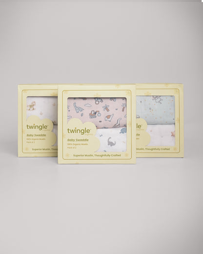 Twingle 100% Organic Muslin Swaddles-Bigger than Standard Swaddles-Supports Natural Airflow-Soft Gentle Edges-Farm Life & Dino Print-Off White-Pack of 2-Infant Wraps
