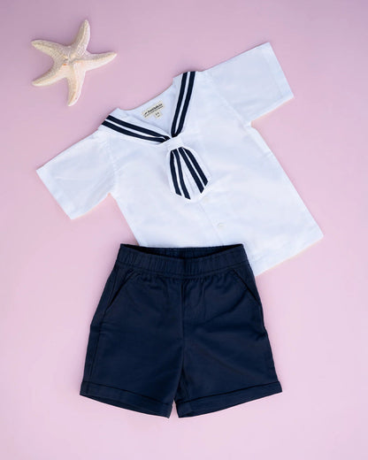 PureCloth White & Blue Shirt & Shorts Set-Solid-Cotton-For Infants