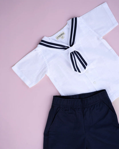 PureCloth White & Blue Shirt & Shorts Set-Solid-Cotton-For Infants