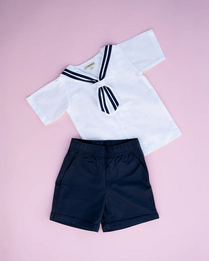 PureCloth White & Blue Shirt & Shorts Set-Solid-Cotton-For Infants