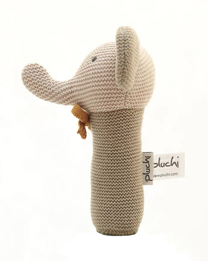 Pluchi Elephant Cotton Knitted Stick Rattle Toy-Improves Hand-Eye Coordination-Perfect Companion for Bedtime-For Infants