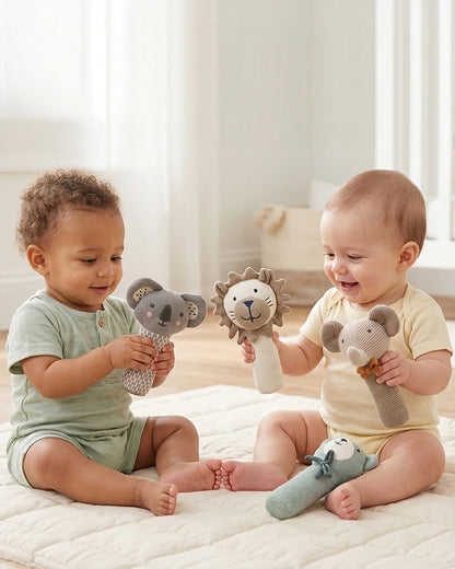 Pluchi Elephant Cotton Knitted Stick Rattle Toy-Improves Hand-Eye Coordination-Perfect Companion for Bedtime-For Infants