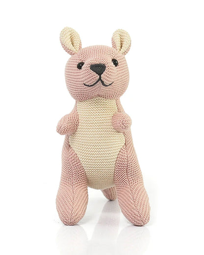 Pluchi Doodle Pink Kangaroo Cotton Knitted Stuffed Rattle Toy-Improves Hand-Eye Coordination-Perfect Companion for Bedtime-For Infants