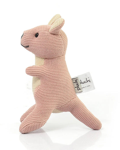 Pluchi Doodle Pink Kangaroo Cotton Knitted Stuffed Rattle Toy-Improves Hand-Eye Coordination-Perfect Companion for Bedtime-For Infants