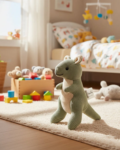 Pluchi Doodle Green Kangaroo Cotton Knitted Stuffed Rattle Toy-Improves Hand-Eye Coordination-Perfect Companion for Bedtime-For Infants