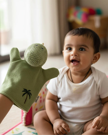Pluchi Dino Hand Puppet Cotton Knitted Soft Toy-Super Soft & Washable-For Infants