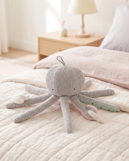 Pluchi Rattle & Wiggle Octopus Cotton Knitted Stuffed Soft Toy-Washable Plush Cuddly Toy For Newborn
