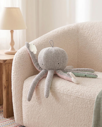 Pluchi Rattle & Wiggle Octopus Cotton Knitted Stuffed Soft Toy-Washable Plush Cuddly Toy For Newborn