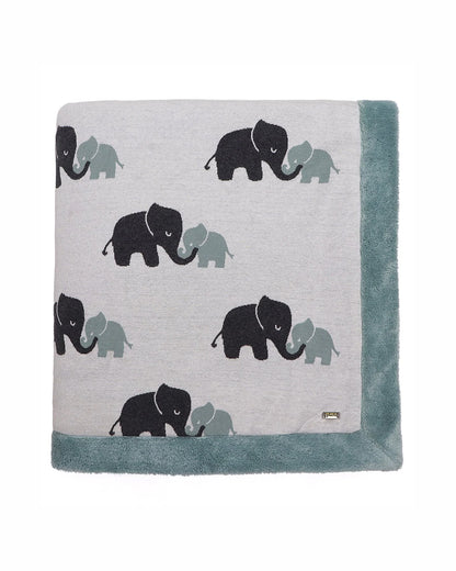 Pluchi Indian Elephant Knitted Kids Blanket-Combed Cotton Blanket with Faux Fur Back-Ivory & Indus Blue-For Toddlers