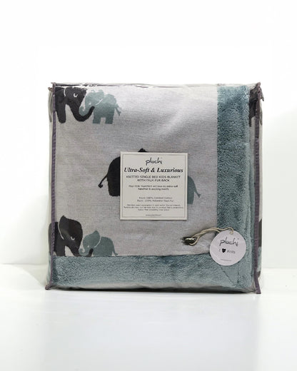 Pluchi Indian Elephant Knitted Kids Blanket-Combed Cotton Blanket with Faux Fur Back-Ivory & Indus Blue-For Toddlers