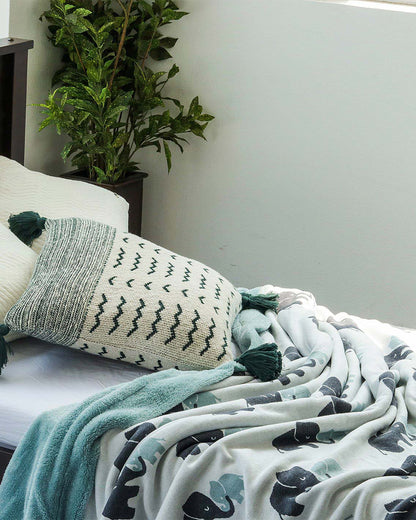 Pluchi Indian Elephant Knitted Kids Blanket-Combed Cotton Blanket with Faux Fur Back-Ivory & Indus Blue-For Toddlers