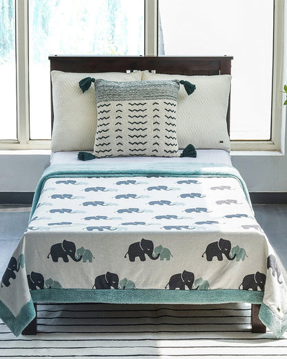 Pluchi Indian Elephant Knitted Kids Blanket-Combed Cotton Blanket with Faux Fur Back-Ivory & Indus Blue-For Toddlers