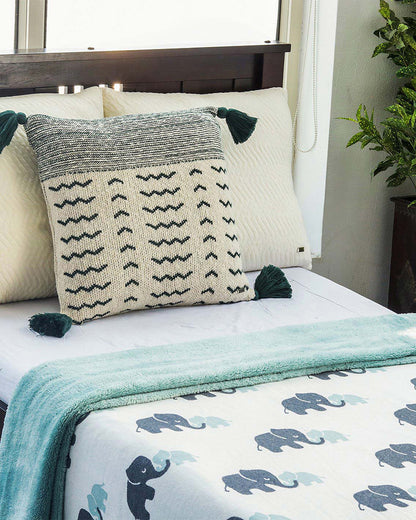 Pluchi Indian Elephant Knitted Kids Blanket-Combed Cotton Blanket with Faux Fur Back-Ivory & Indus Blue-For Toddlers