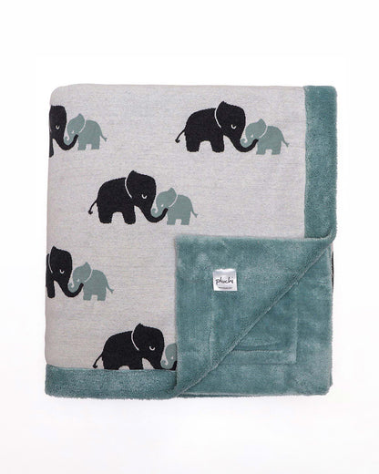 Pluchi Indian Elephant Knitted Kids Blanket-Combed Cotton Blanket with Faux Fur Back-Ivory & Indus Blue-For Toddlers