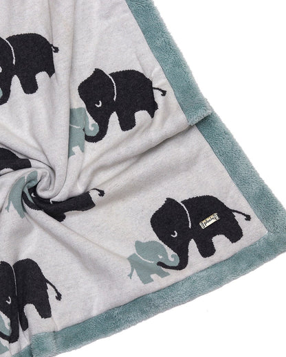 Pluchi Indian Elephant Knitted Kids Blanket-Combed Cotton Blanket with Faux Fur Back-Ivory & Indus Blue-For Toddlers