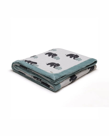 Pluchi Indian Elephant Knitted Kids Blanket-Combed Cotton Blanket with Faux Fur Back-Ivory & Indus Blue-For Toddlers