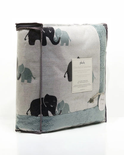 Pluchi Indian Elephant Knitted Kids Blanket-Combed Cotton Blanket with Faux Fur Back-Ivory & Indus Blue-For Toddlers