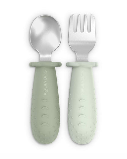 Suavinex Stainless Steel Spoon & Fork Set-Ergonomic Silicone Handle-Green-Pack of 2-6M+