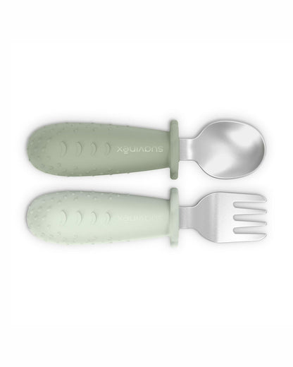 Suavinex Stainless Steel Spoon & Fork Set-Ergonomic Silicone Handle-Green-Pack of 2-6M+