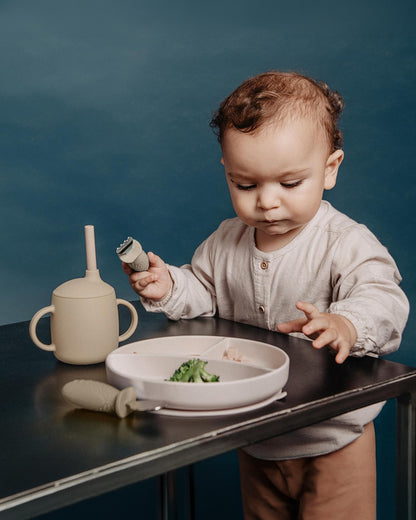 Suavinex Stainless Steel Spoon & Fork Set-Ergonomic Silicone Handle-Green-Pack of 2-6M+