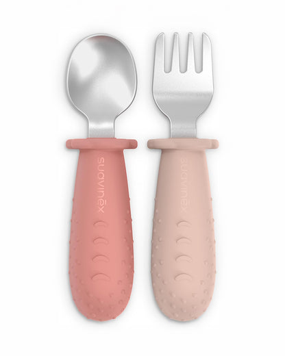 Suavinex Stainless Steel Spoon & Fork Set-Ergonomic Silicone Handle-Pink-Pack of 2-6M+