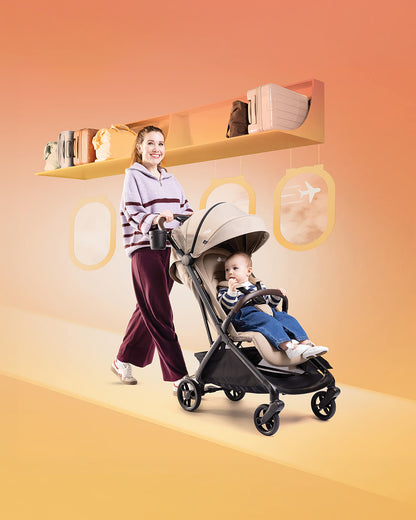 Joie Porto Cabin Friendly Stroller-One Hand Fold-Flat Reclining Seat-Car Seat Compatible-6 Months Warranty-For to 4Y (Upto 22 Kg)-Cashew