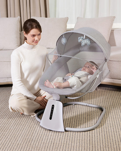Mastela 3 in 1 Aura Deluxe Bassinet-5 Point Harness-12 Built In Melodies-For 0 to 36M (Upto 15 Kg)-Grey